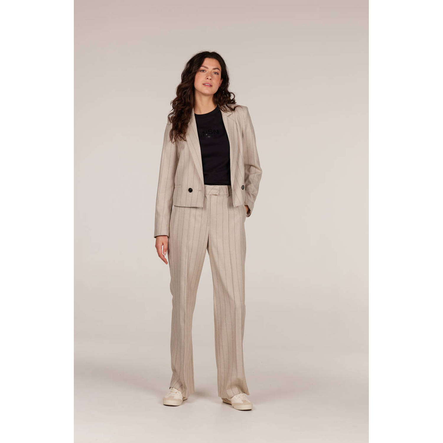 JANSEN Amsterdam cropped blazer met krijtstreep beige