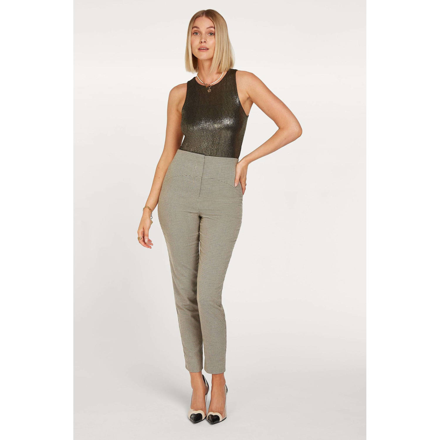 JOSH V geruite high waist slim fit broek Mieke bruin