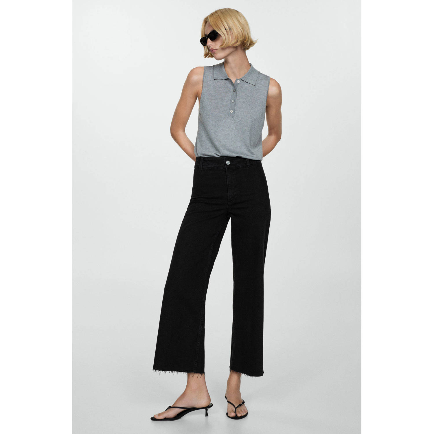 Mango cropped high waist flared jeans black denim