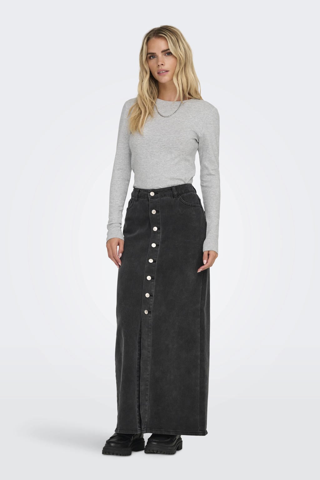 Lichtgrijze dames ONLY top met melée print, lange mouwen en ronde hals