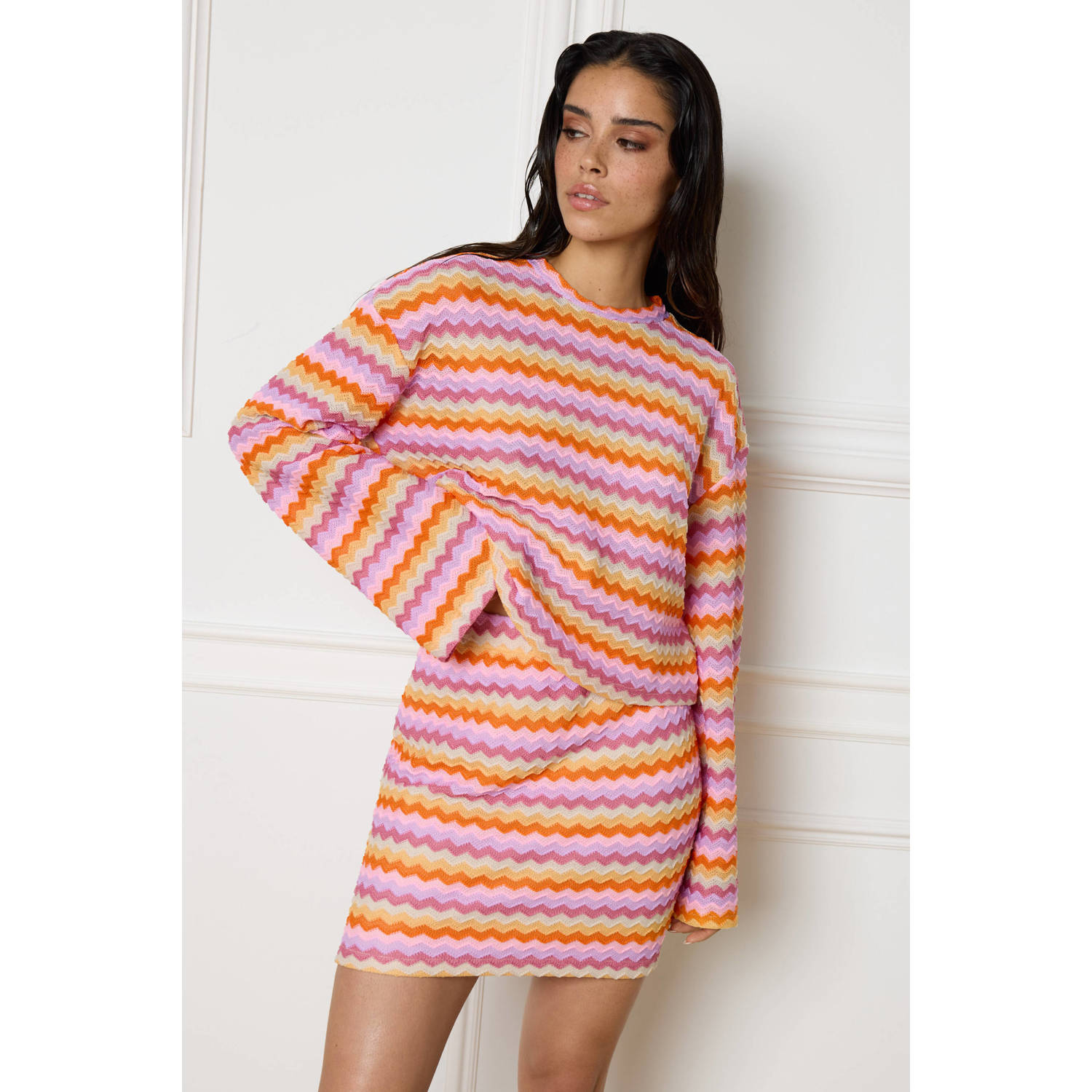 Refined Department x Vedder & Vedder gestreepte gebreide rok Joyce roze oranje geel