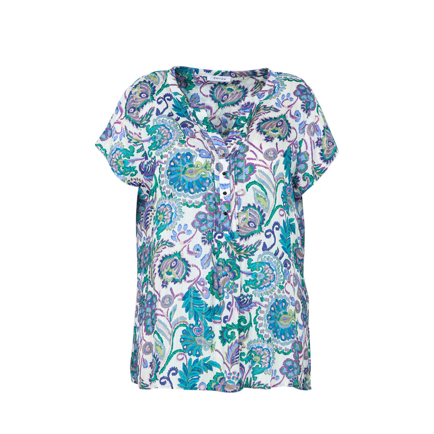 Paprika top met all over print blauw paars groen