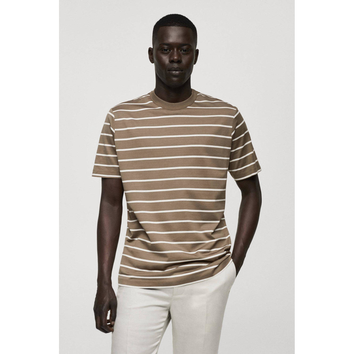Mango Man gestreept T-shirt beige kaki