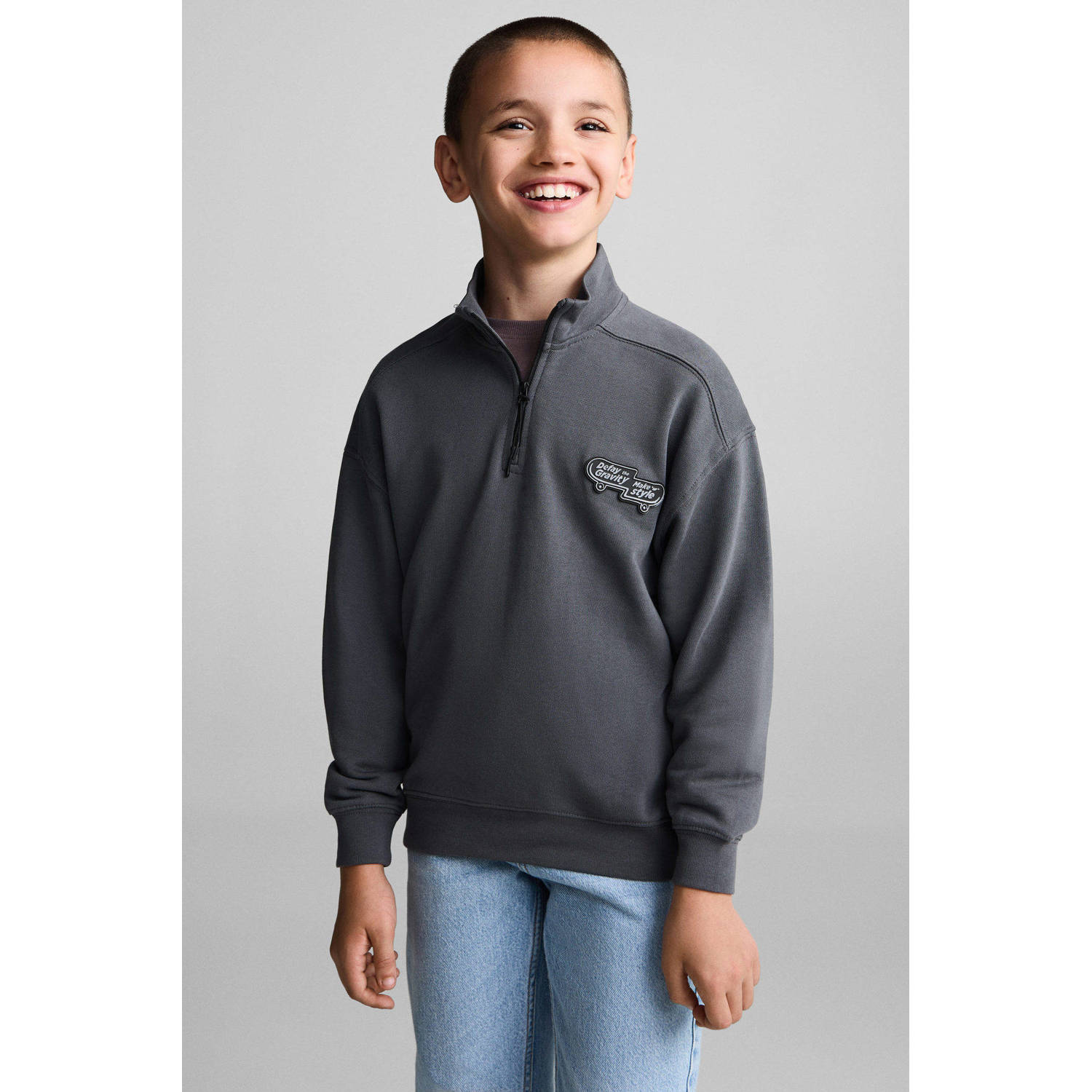 Mango Kids sweater met printopdruk antraciet Grijs Printopdruk 152