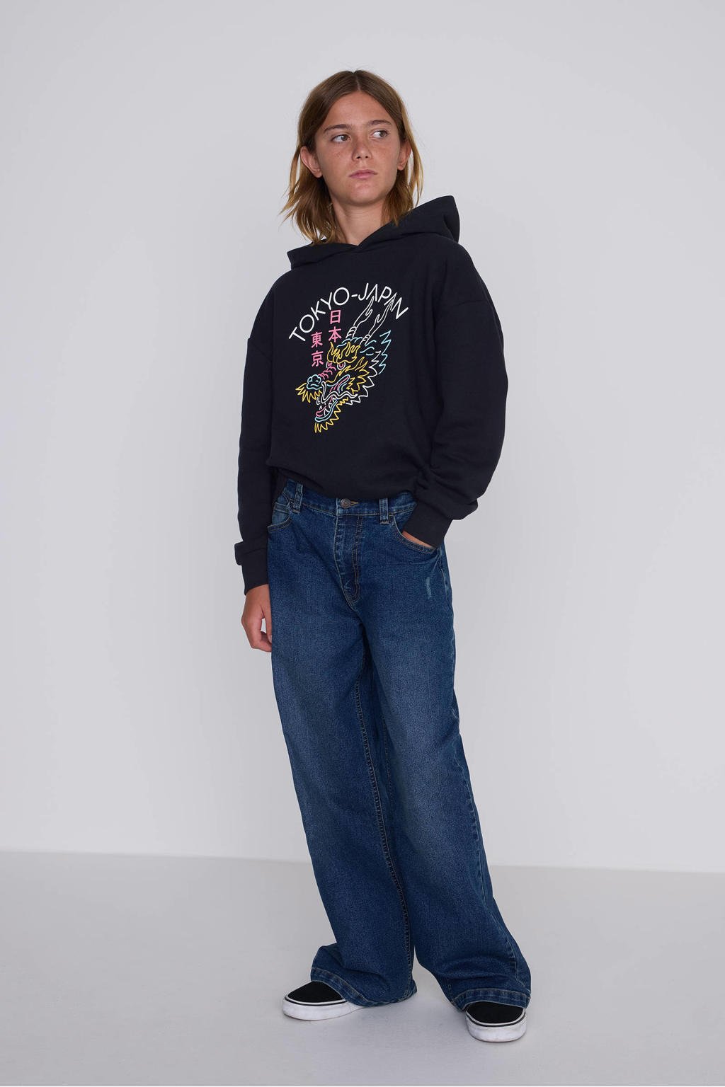 Dark blue denim jongens Coolcat Wide Leg Jeans Dominic Donker Blauw van katoen met straight fit, rits- en knoopsluiting en effen
