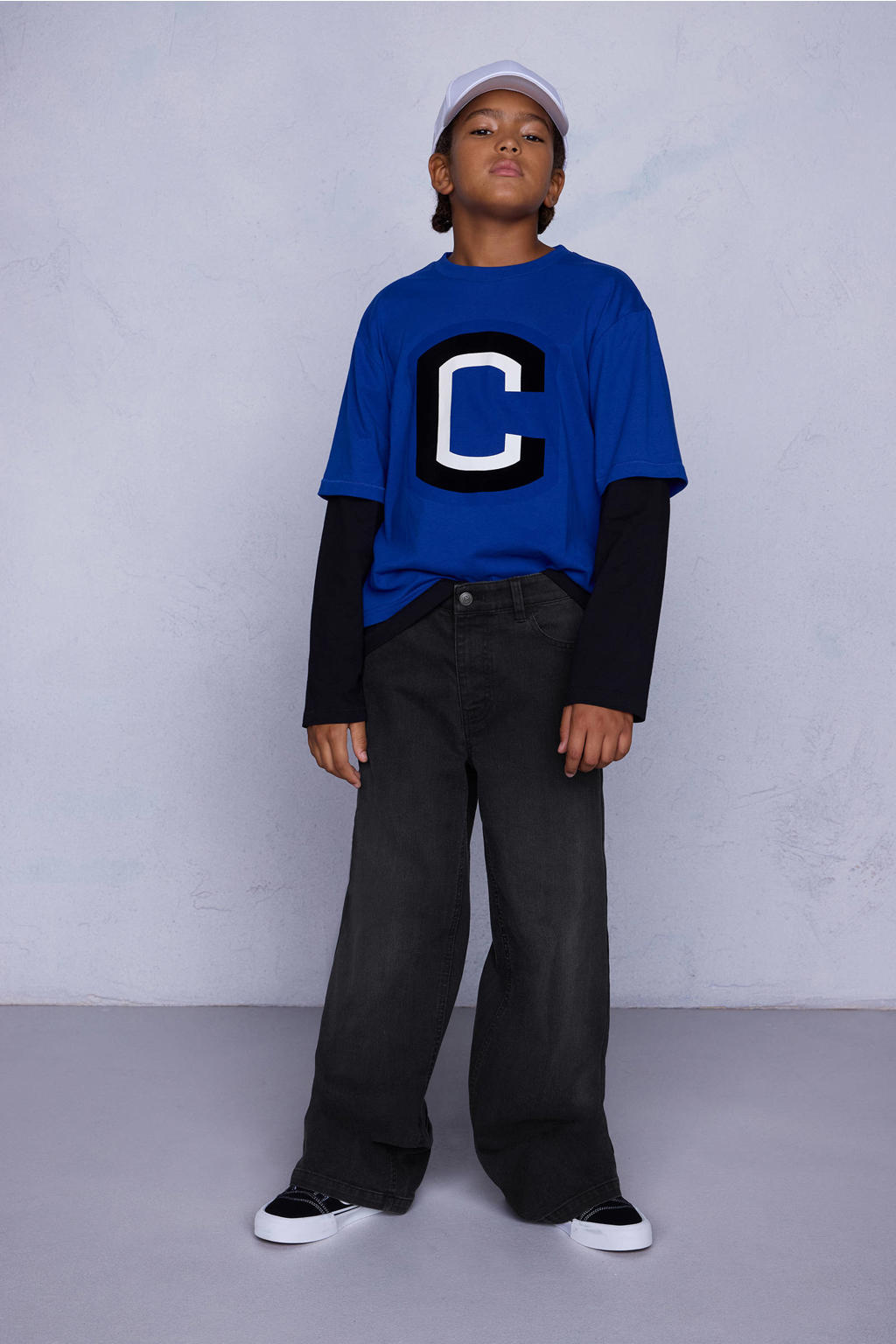Black denim jongens Coolcat Wide Leg Jeans Dominic Zwart van katoen met straight fit, rits- en knoopsluiting en effen