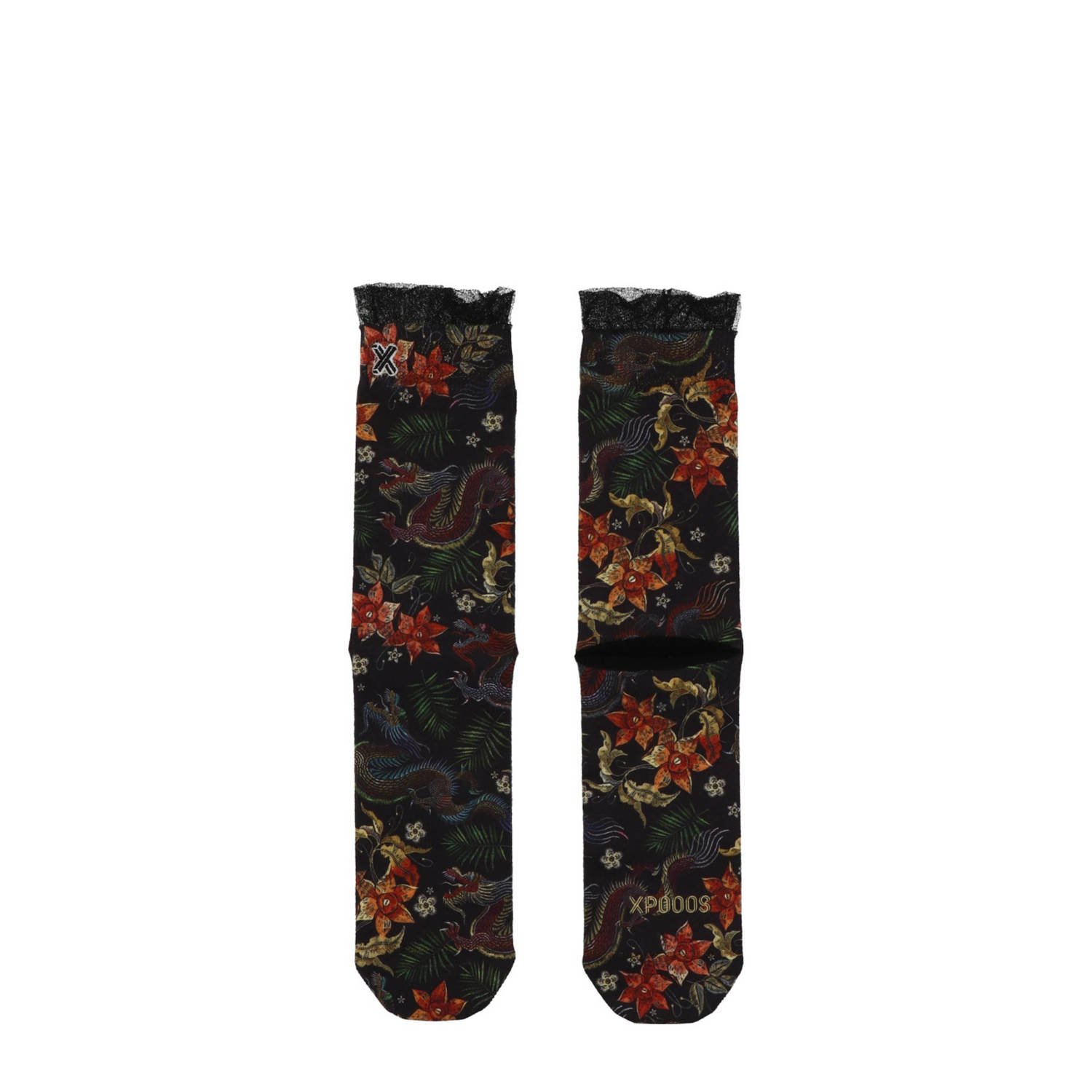 XPOOOS sokken met bloemenprint Dragon zwart