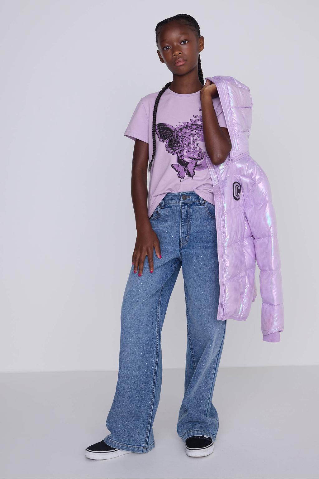 Medium blue denim meisjes Coolcat Diamond Jeans Daphne van katoen met straight fit, high waist en effen
