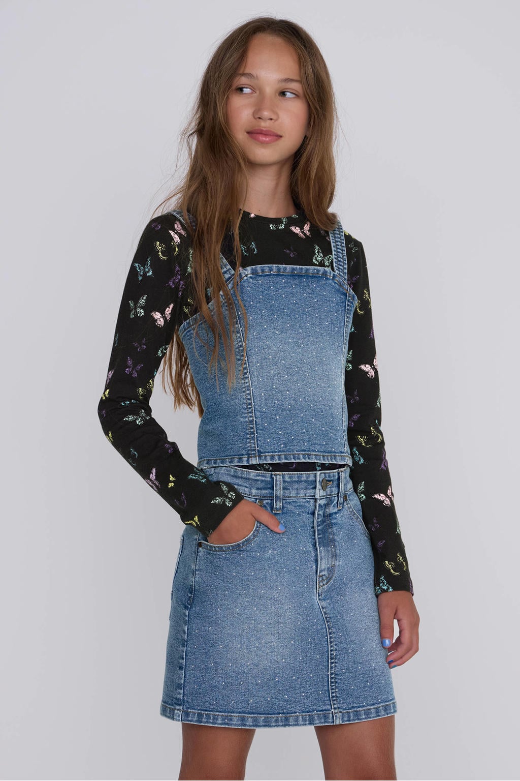 Medium blue denim meisjes Coolcat Diamond Jeans Top Dakota van denim met effen en vierkante hals