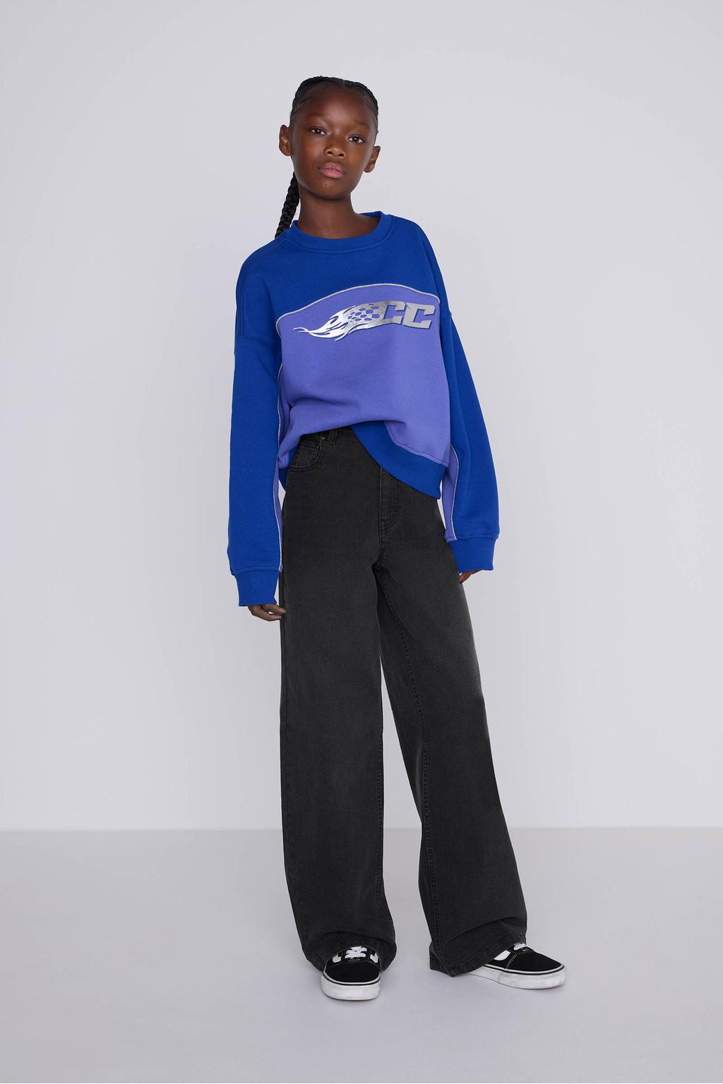 Grey denim meisjes Coolcat Wide Leg Jeans Dominique Donker Grijs van katoen met high waist en effen