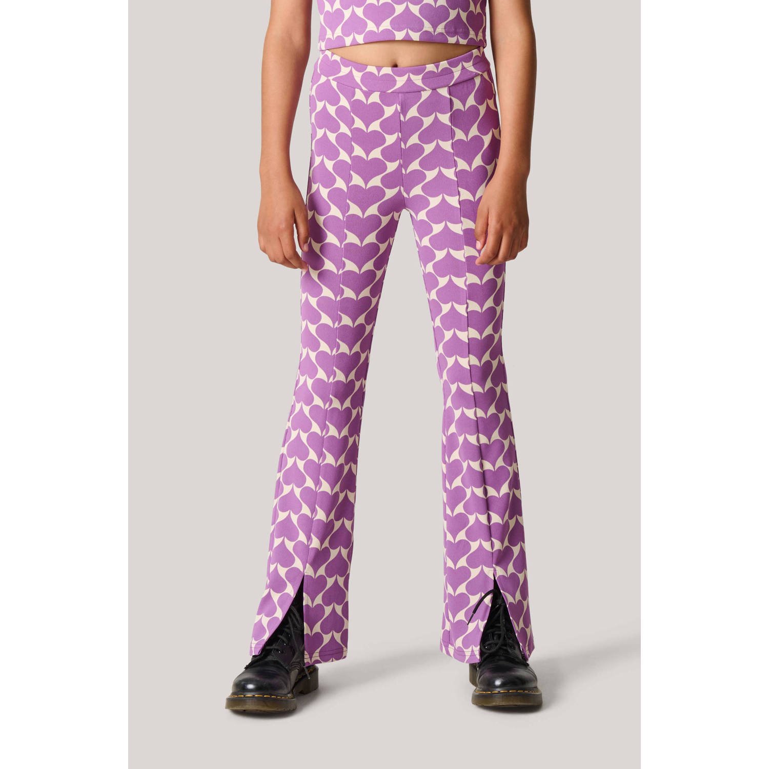 Shoeby flared broek met hartjes paars offwhite Meisjes Polyester Hartjes 170 176