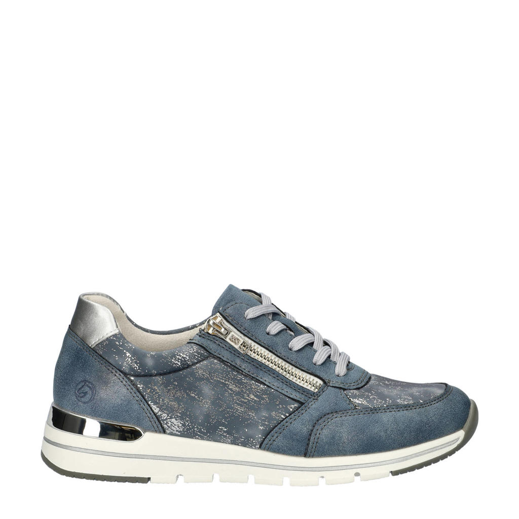 Lichtblauwe dames Remonte sneakers van imitatieleer met veters en effen
