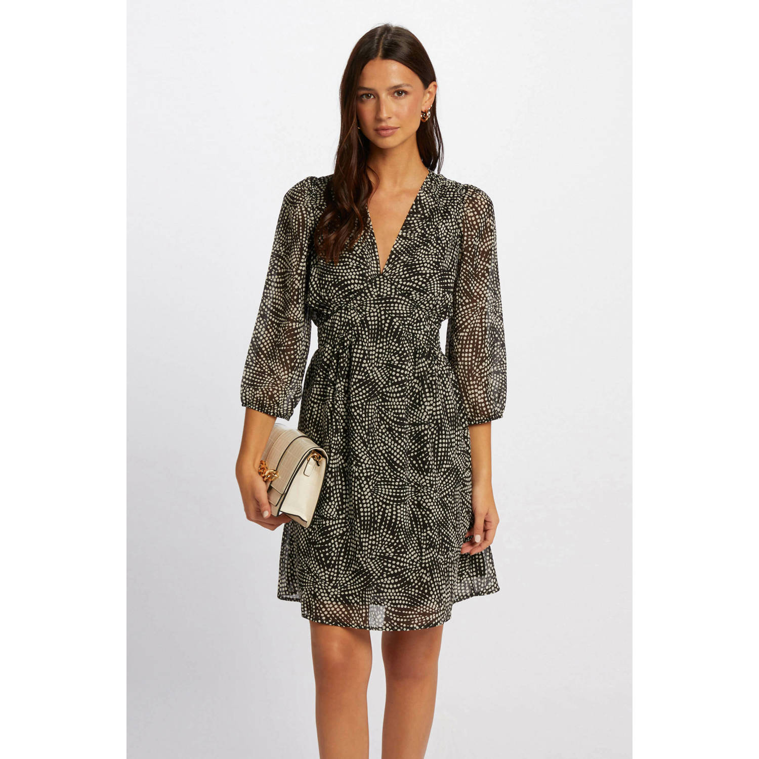 Morgan semi-transparante jurk met all over print zwart taupe