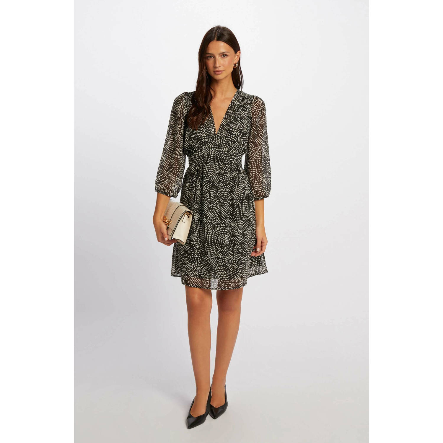 Morgan semi-transparante jurk met all over print zwart taupe