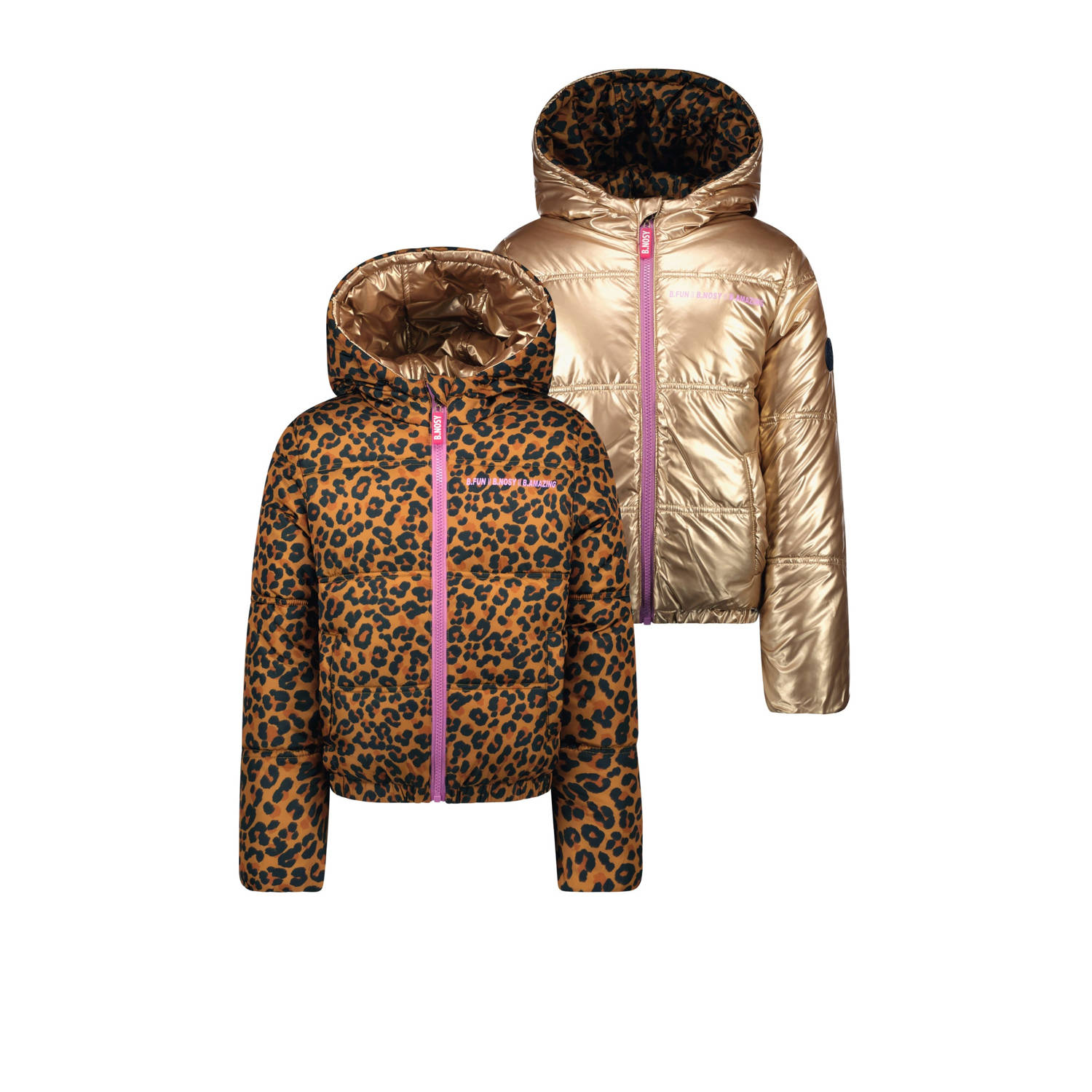 B.Nosy reversible gewatteerde winterjas Jacky met panterprint goud bruin