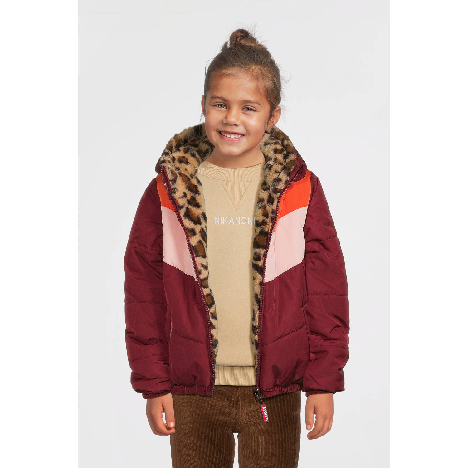 B.Nosy reversible gewatteerde winterjas Jamie met panterprint warmrood oranje bruin