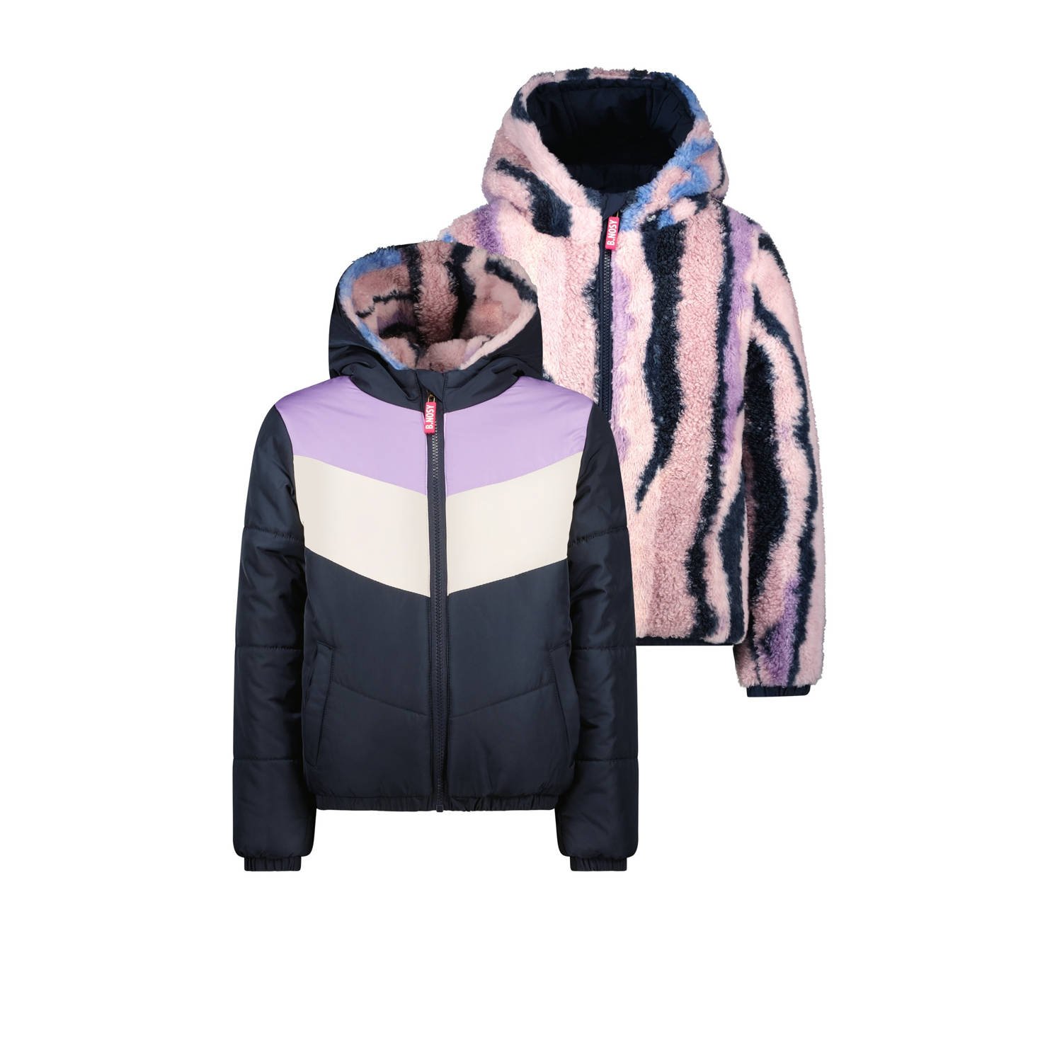 B.Nosy reversible gewatteerde winterjas Jamie met all over print donkerblauw lila roze