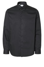 thumbnail: Zwarte heren Selected slim fit overhemd 7 van katoen met effen, extra lange mouwen en klassieke kraag