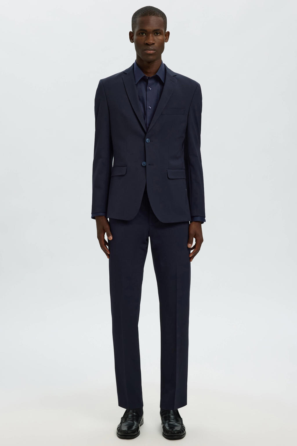 Donkerblauwe heren Selected slim fit overhemd 7 van katoen met effen, extra lange mouwen en klassieke kraag