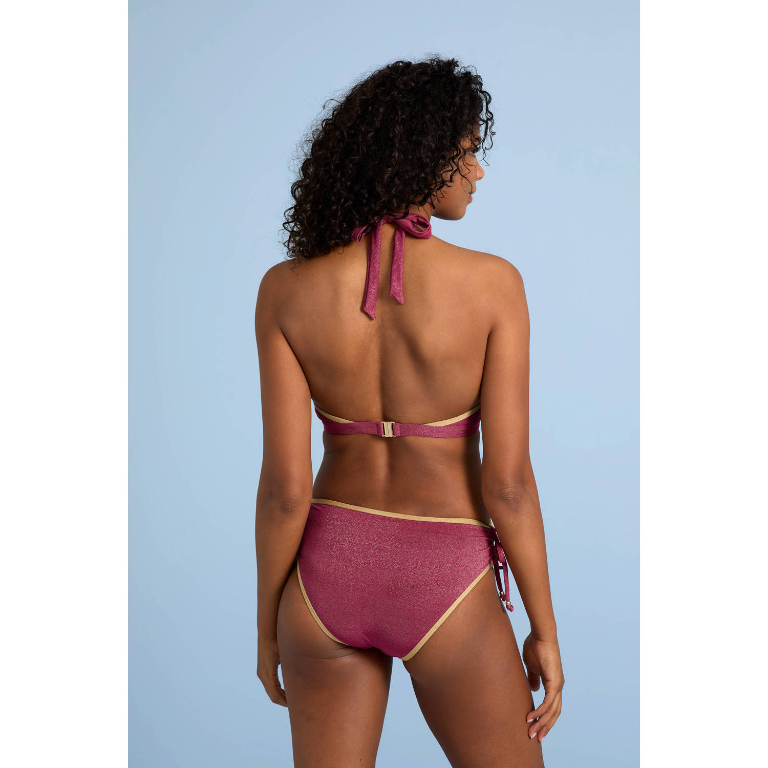 BEACHWAVE voorgevormde halter bikinitop met lurex donkerroze