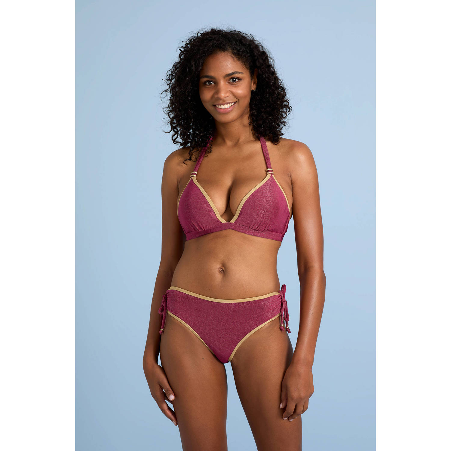 BEACHWAVE voorgevormde halter bikinitop met lurex donkerroze