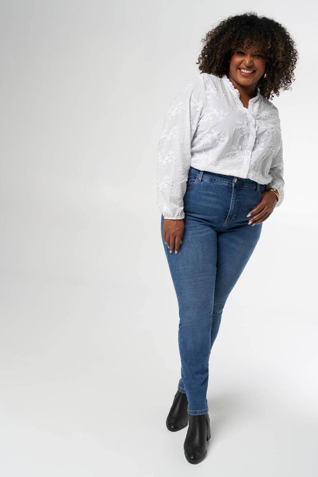 Stonewashed dames MS Mode skinny jeans van denim met regular waist, rits- en knoopsluiting en effen
