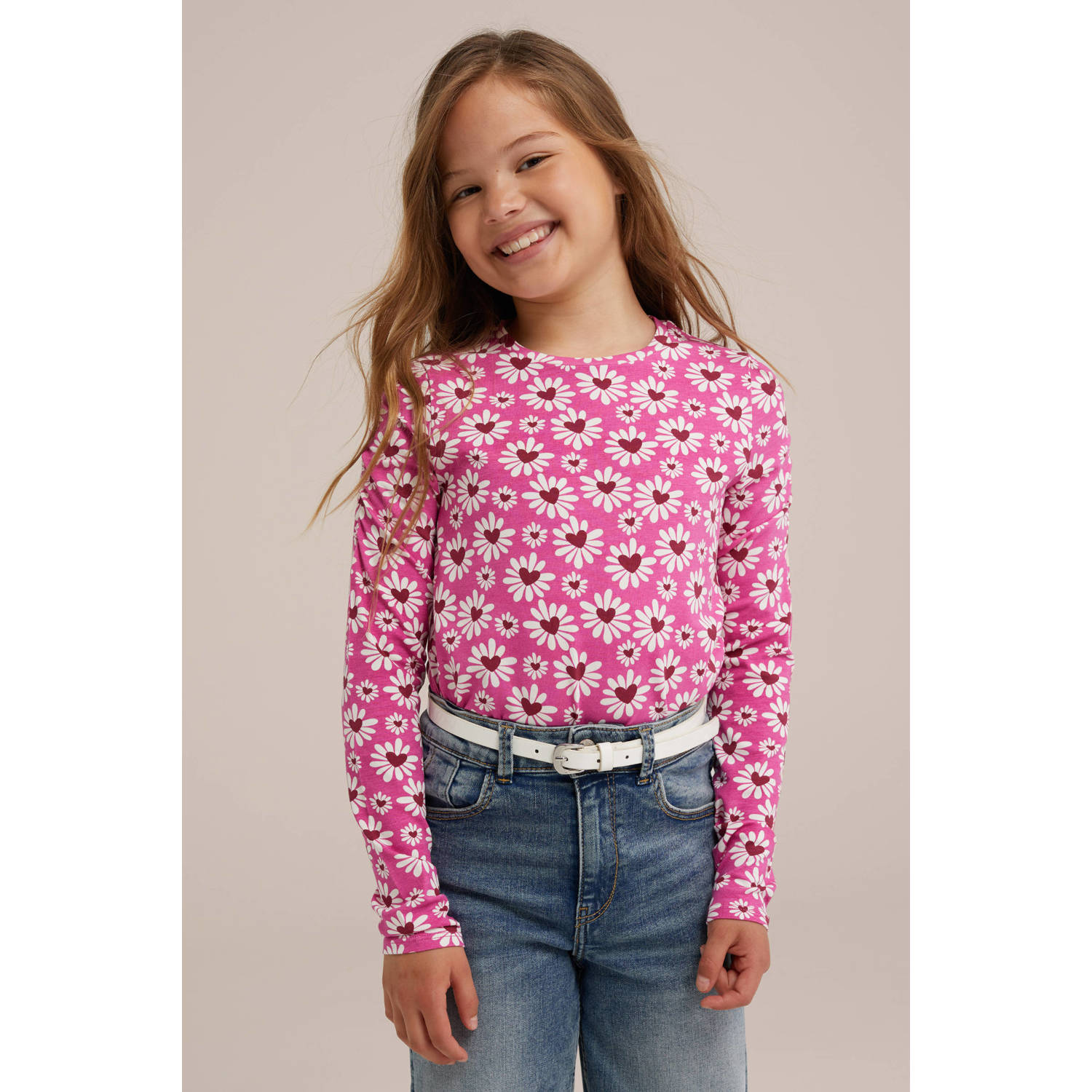 WE Fashion gebloemde longsleeve roze wit rood Meisjes Katoen Ronde hals 170 176
