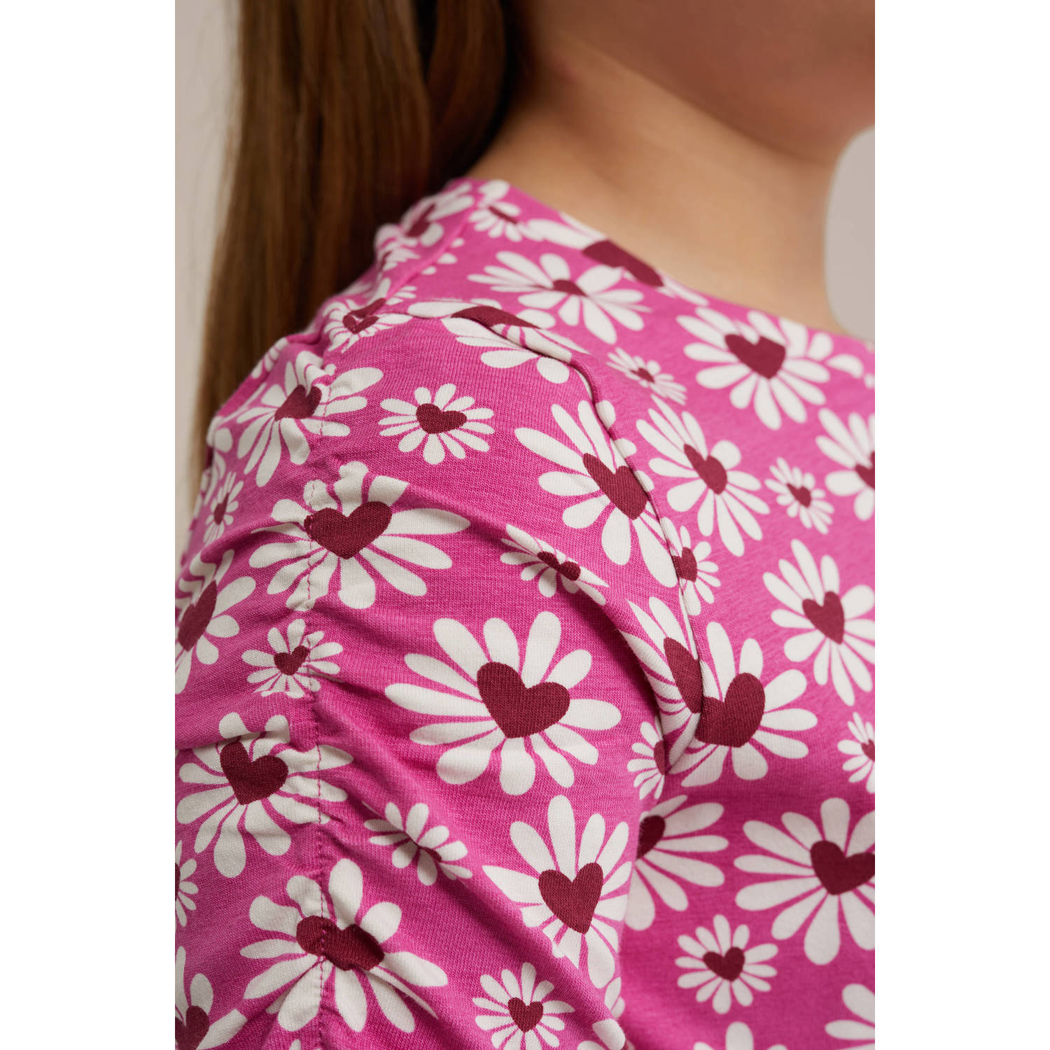 WE Fashion gebloemde longsleeve roze wit rood