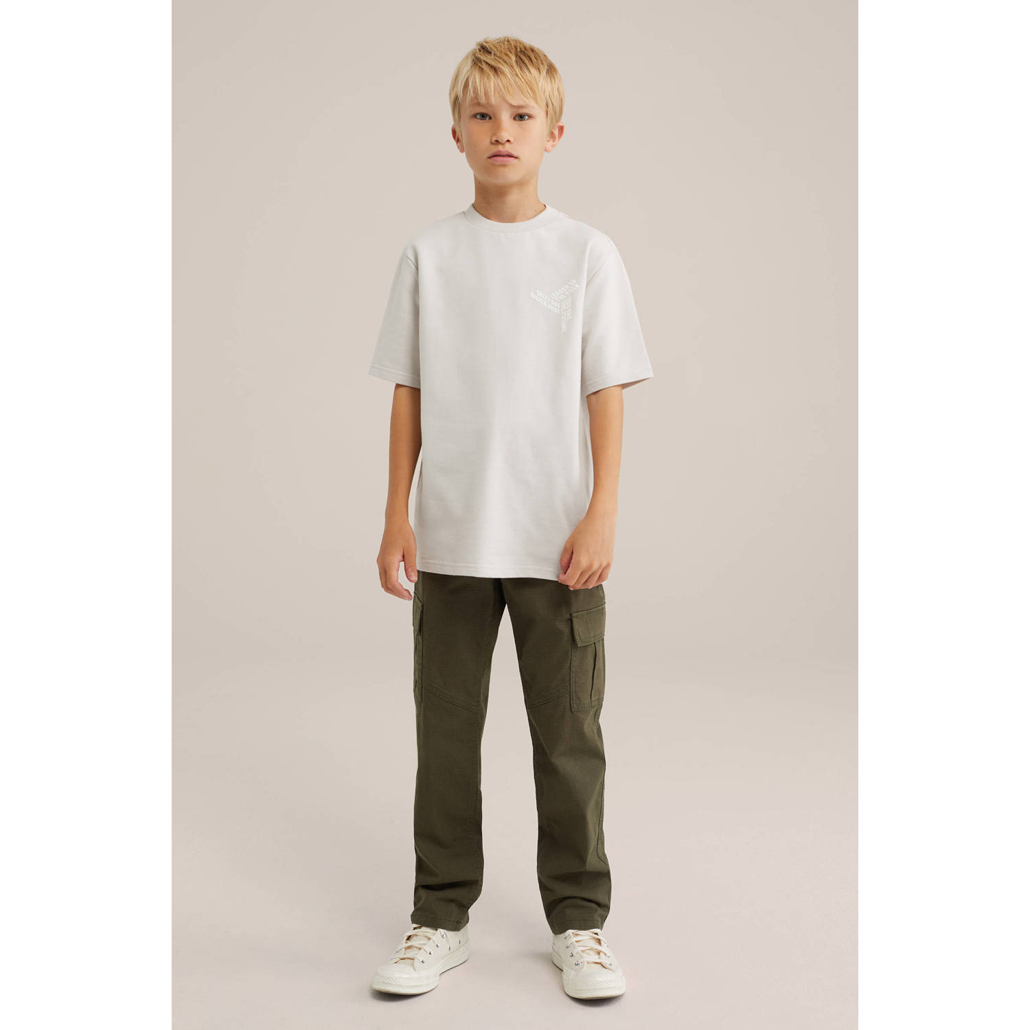 WE Fashion T-shirt met printopdruk beige Jongens Katoen Ronde hals Printopdruk 122 128