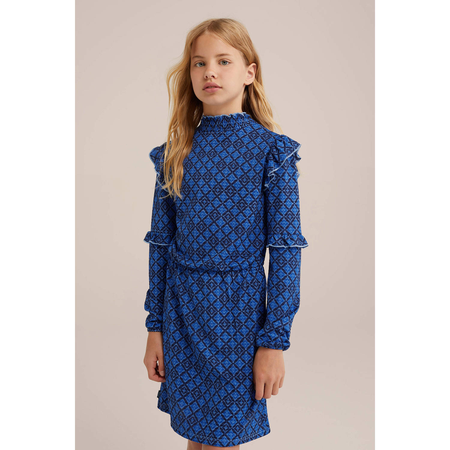 WE Fashion jurk met all over print en ruches blauw Meisjes Polyester Ronde hals 110 116