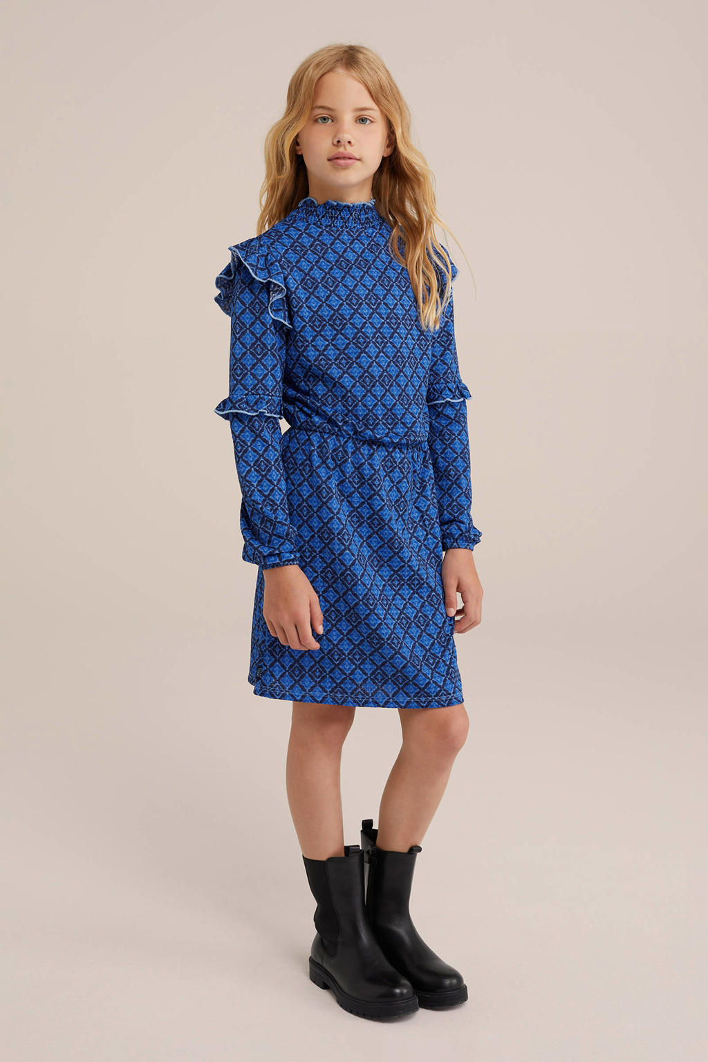 Donkerblauwe meisjes WE Fashion jurk met ruches van polyester met lange mouwen en ronde hals