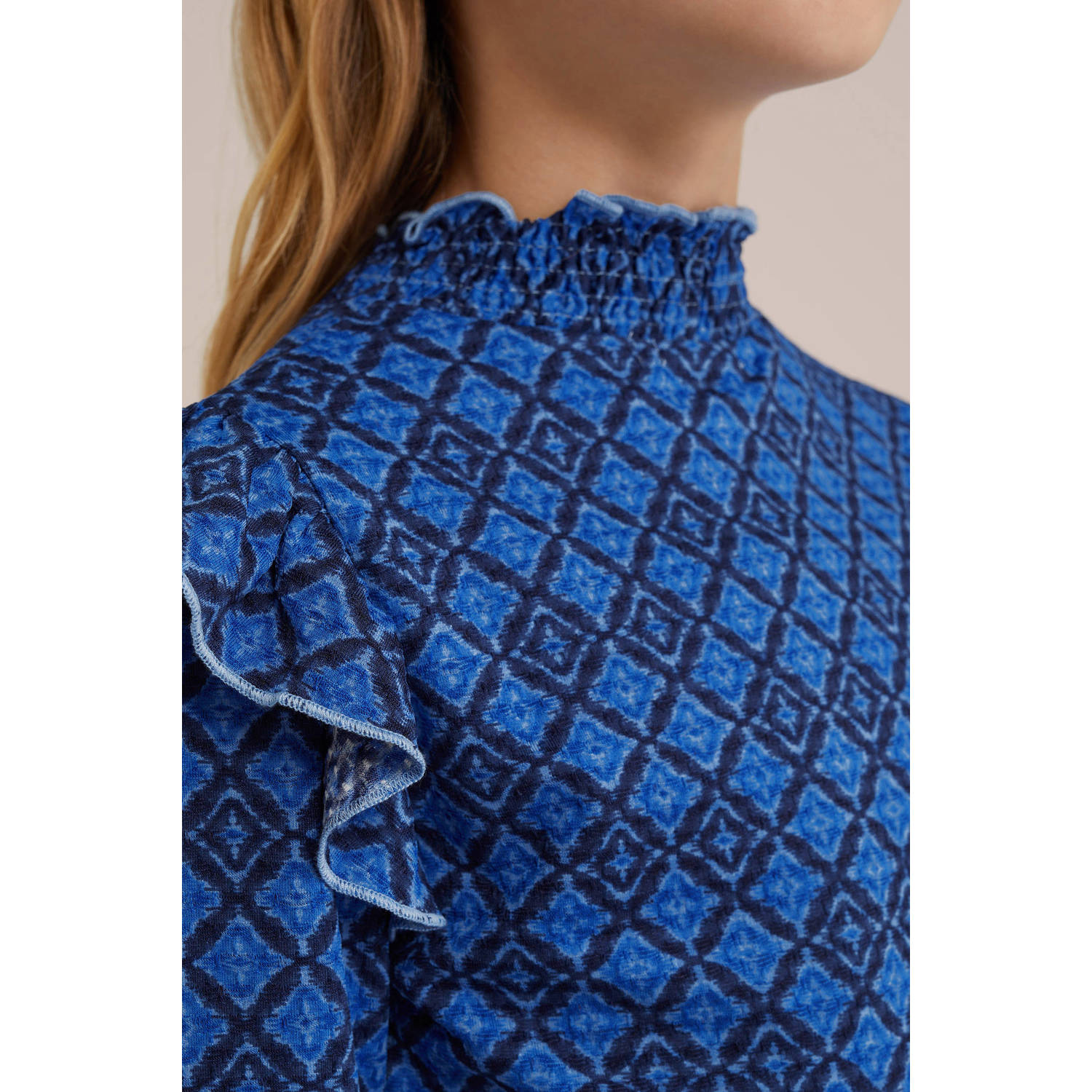 WE Fashion jurk met all over print en ruches blauw