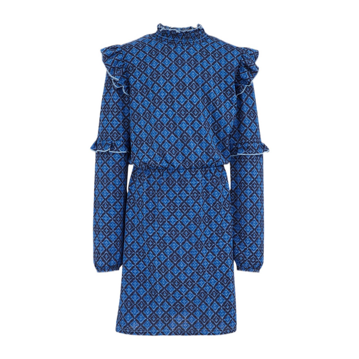 WE Fashion jurk met all over print en ruches blauw Meisjes Polyester Ronde hals 110 116