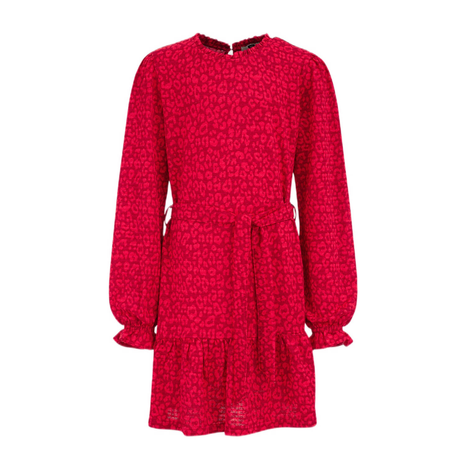 WE Fashion jurk met all over print en plooien rood Meisjes Polyester Ronde hals 134 140