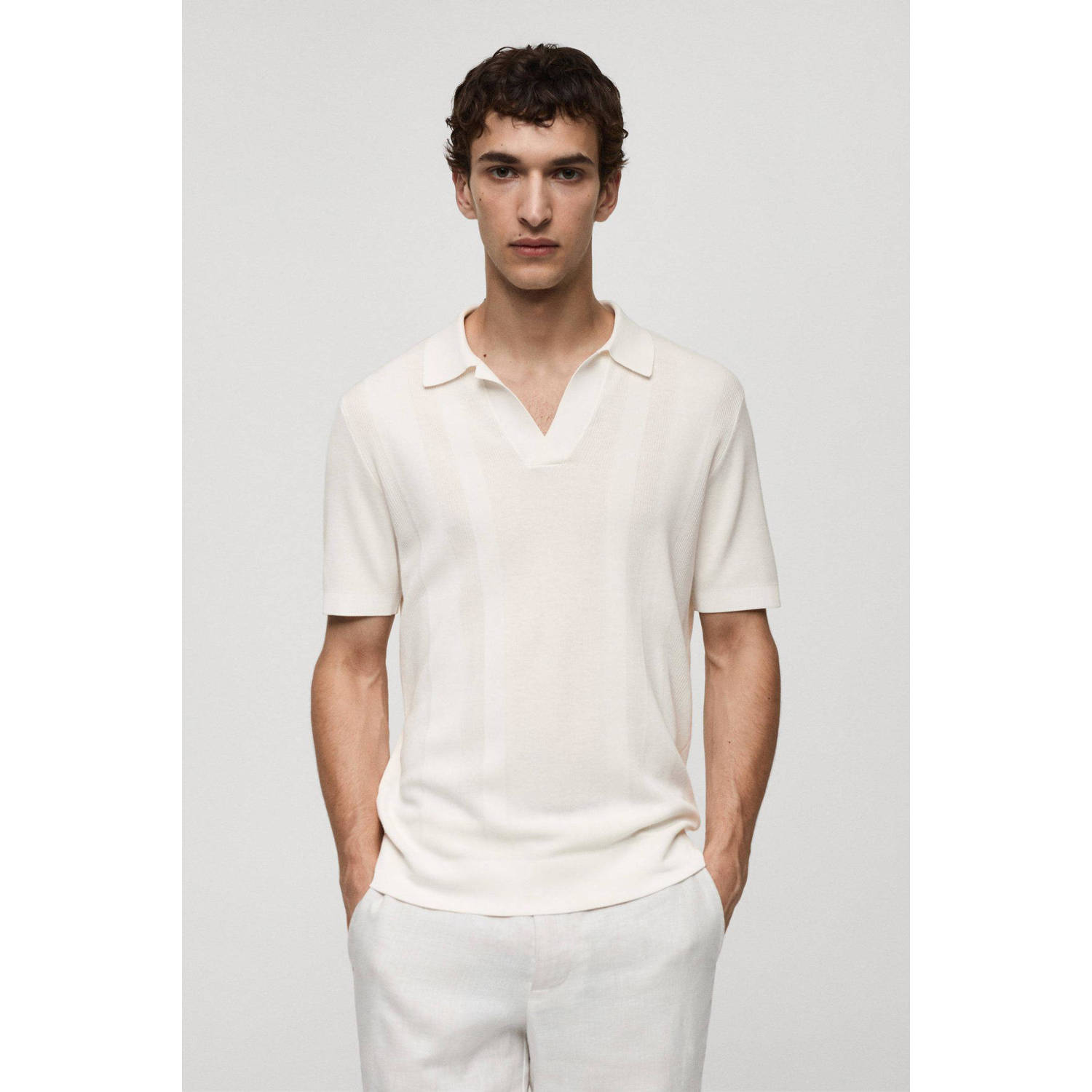 Mango Man gebreide regular fit polo met ingebreid patroon naturel wit