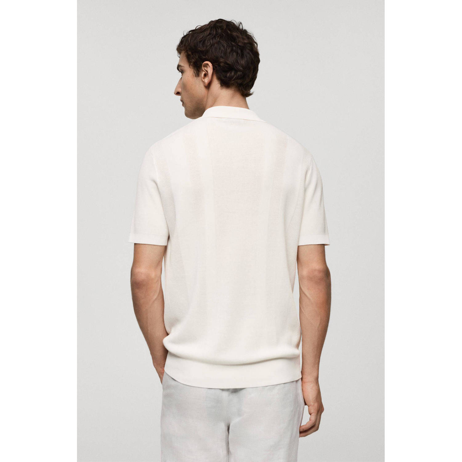 Mango Man gebreide regular fit polo met ingebreid patroon naturel wit