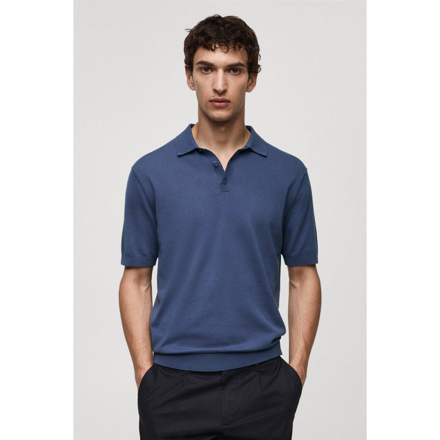 Mango Man gebreide regular fit polo donkerblauw