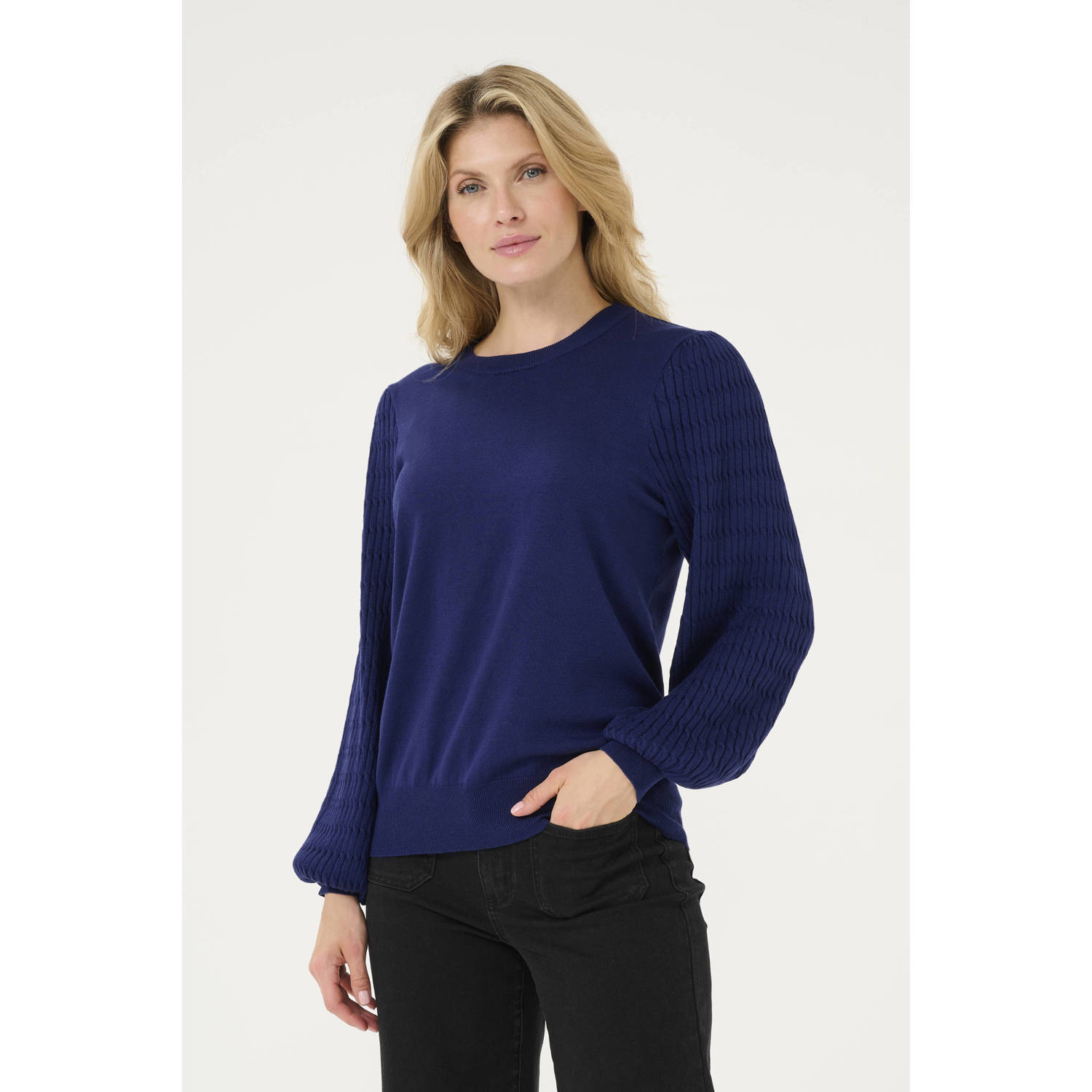 Kaffe Blauwe Gebreide Trui met Pofmouwen Blue Dames