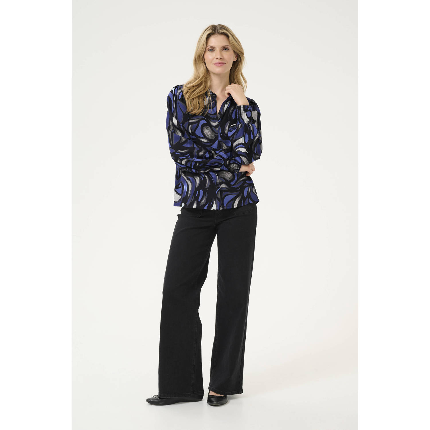 Kaffe Blauw Grijs Abstract Grafische Overhemdblouse Blue Dames