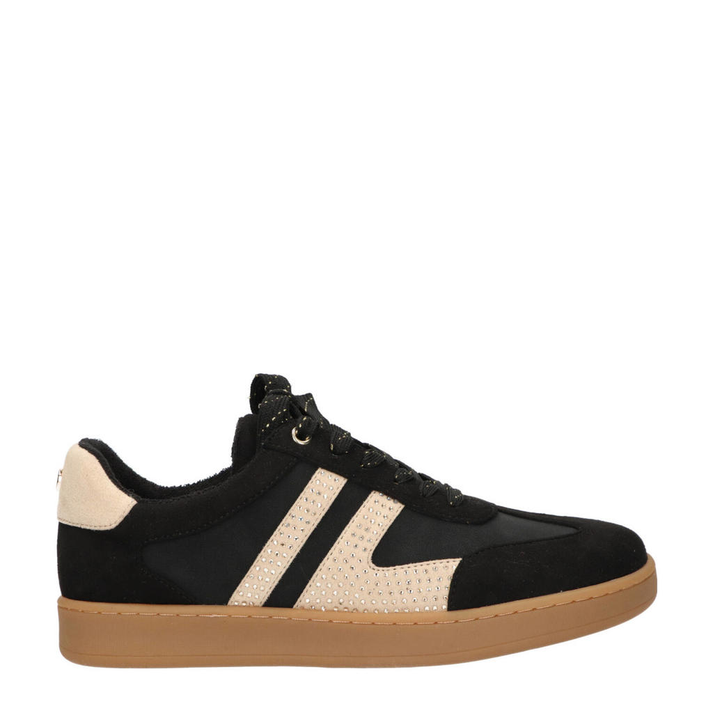 Zwart en beige dames La Strada sneakers van imitatiesuède en textiel met veters