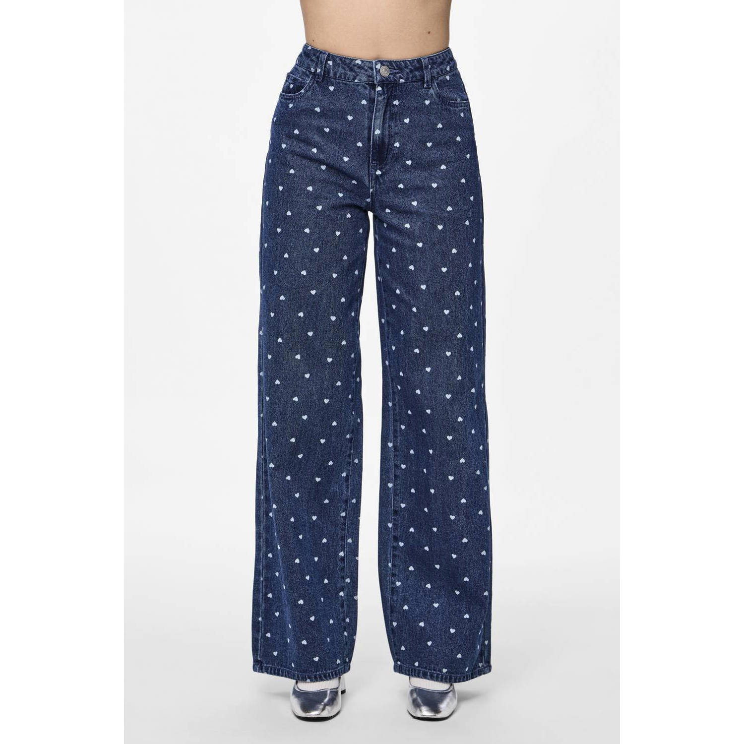 PIECES wide leg jeans PCNEA met hartjes medium blue denim