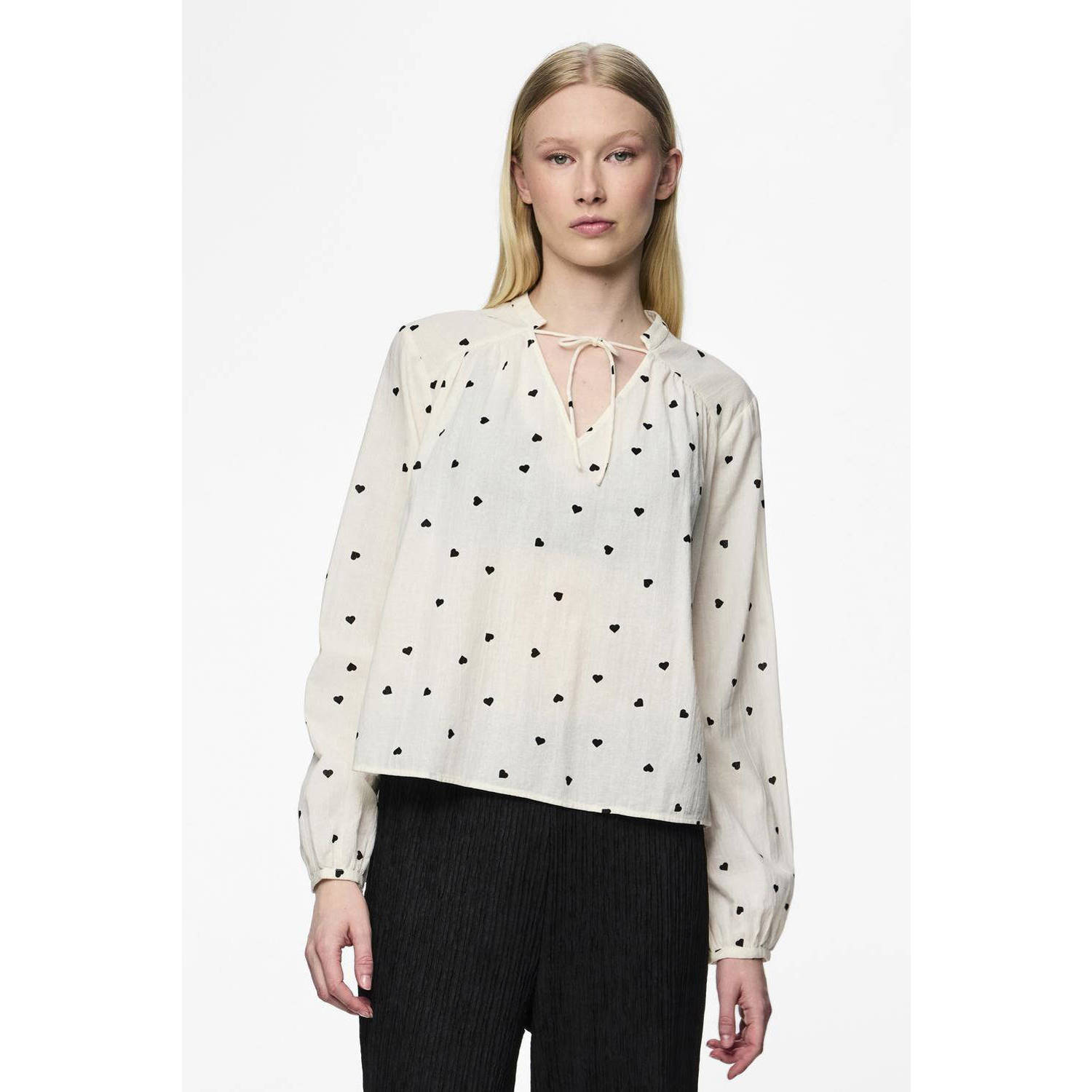 PIECES blousetop met hartjes wit zwart
