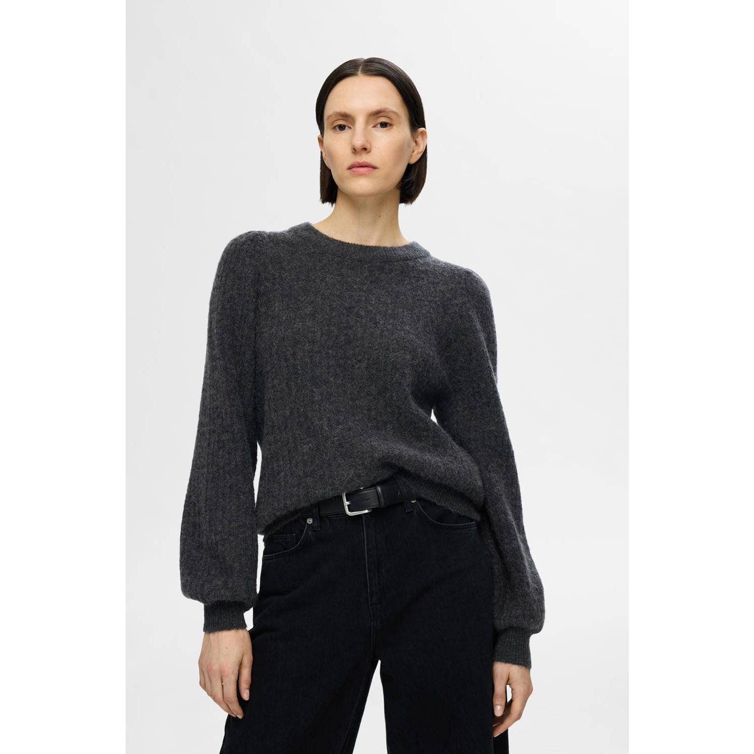 SELECTED FEMME Dames Truien & Vesten Slflulu Ls Structure Knit O-neck Grijs