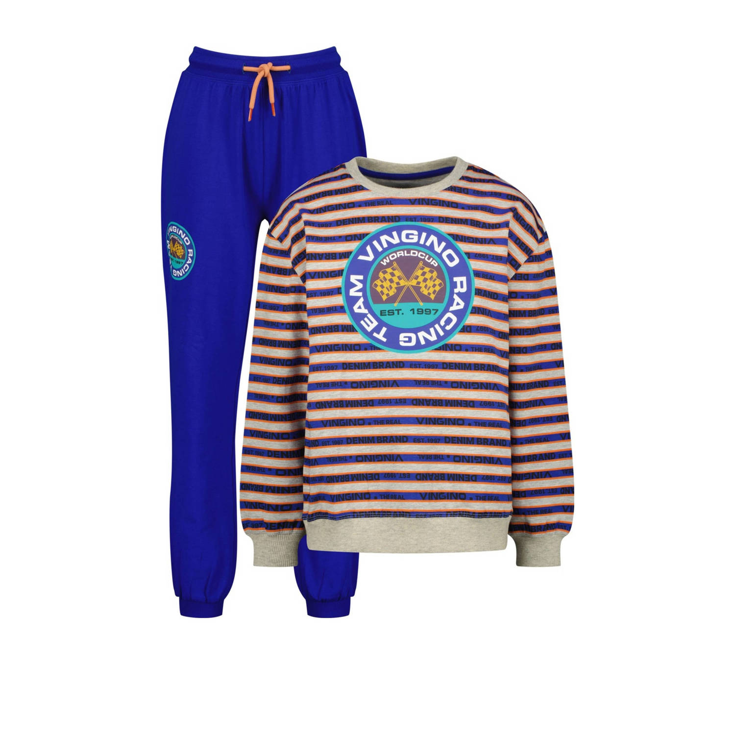 Vingino pyjama Waffi met streepdessin hardblauw beige oranje