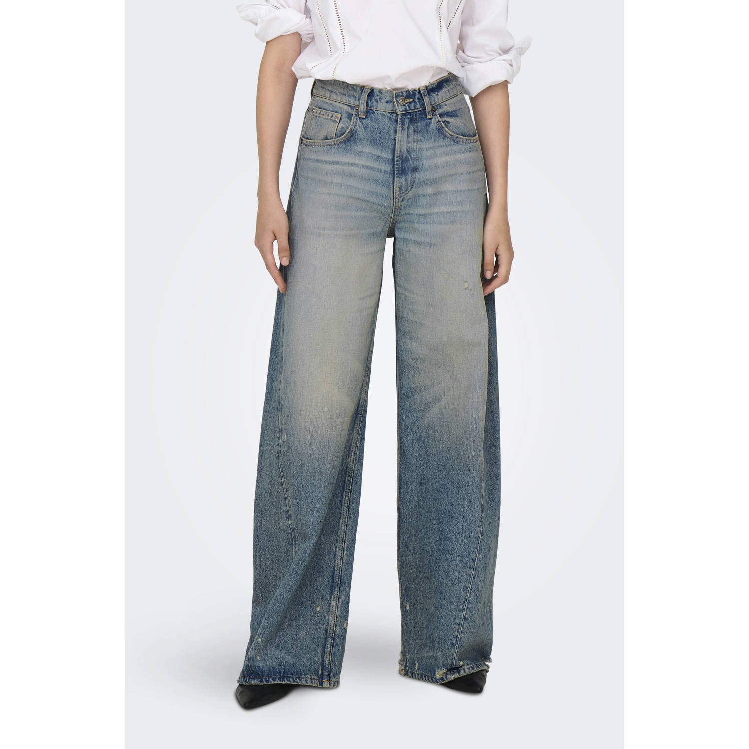 ONLY high waist wide leg jeans ONLERYN medium blue denim grey denim