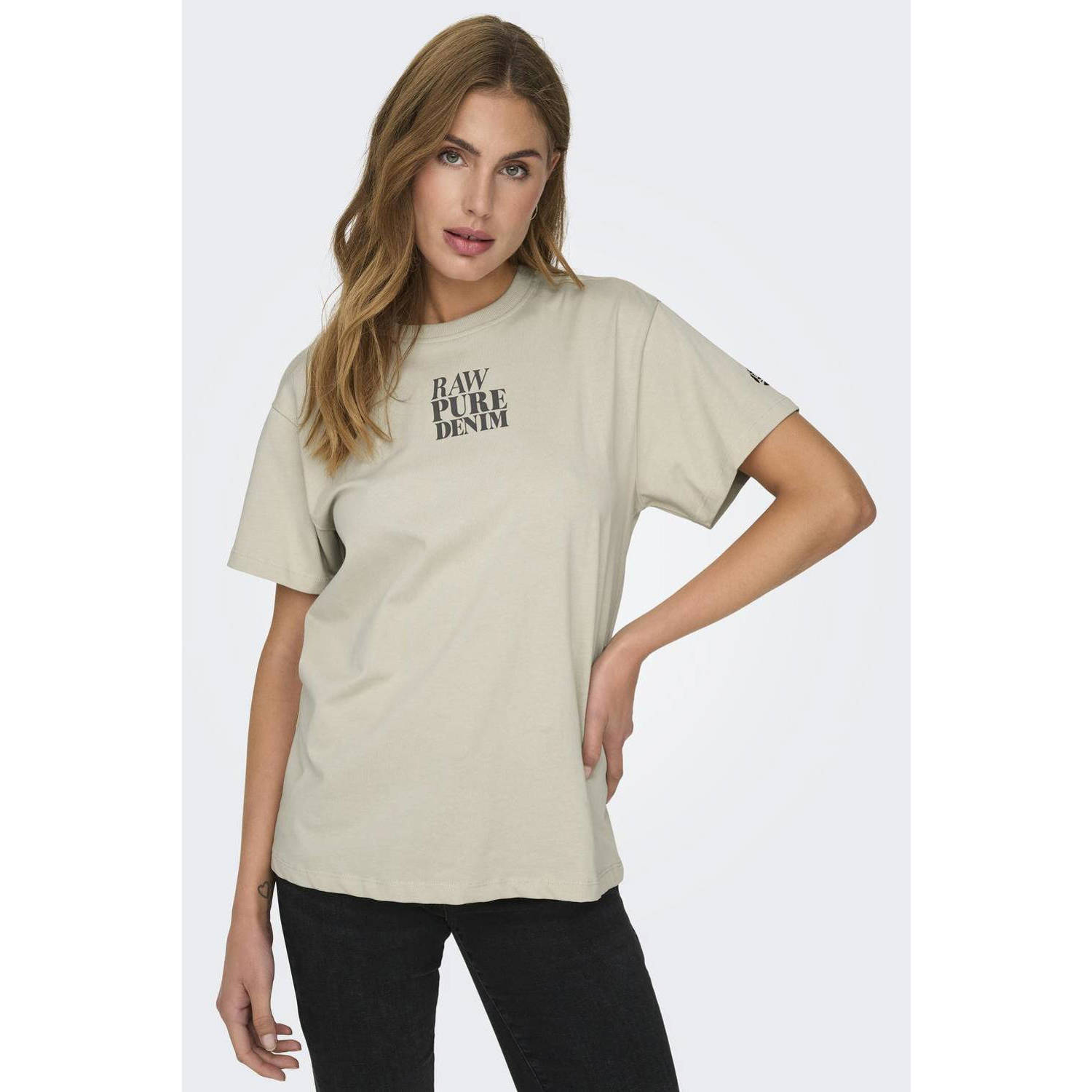 ONLY T-shirt ONLFLEUR met printopdruk beige zwart