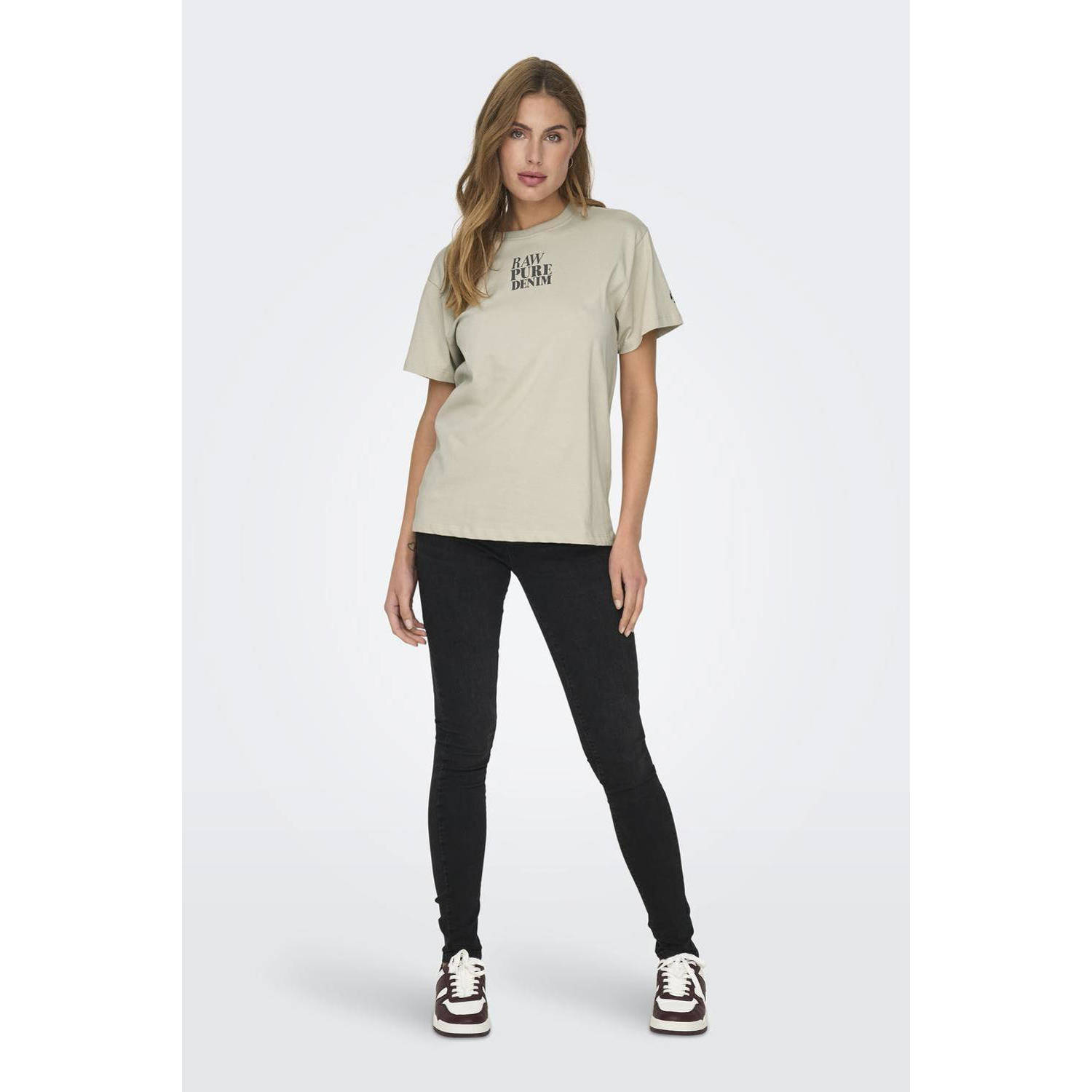 ONLY T-shirt ONLFLEUR met printopdruk beige zwart