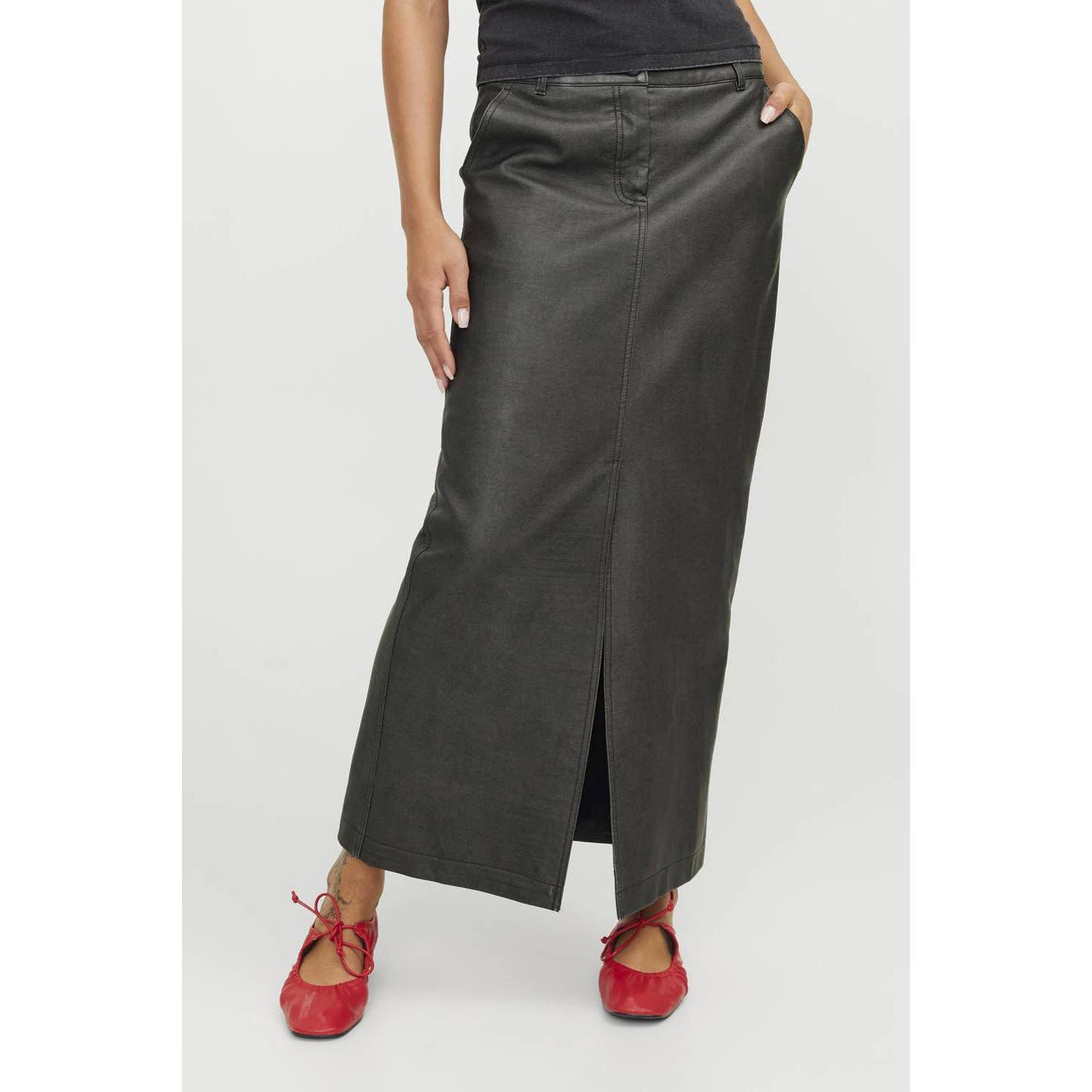 JJXX imitatieleren midi rok zwart
