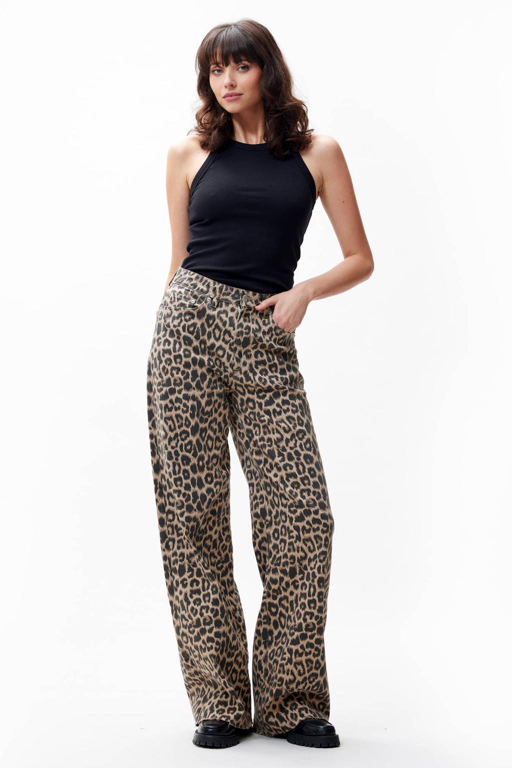 Bruin en zwarte dames Catwalk Junkie high waist loose jeans van denim met rits- en knoopsluiting en dierenprint