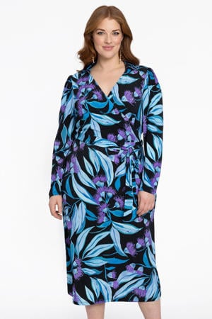gebloemde A-lijn jurk blauw/zwart
